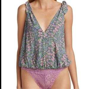 NWT Free People Bare It All Bodysuit Chambray Combo Floral Draped Boho top